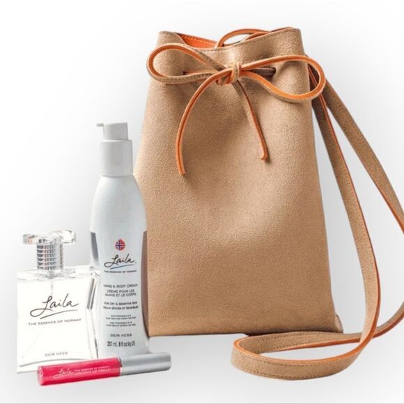 Laila GEIR NESS Suede Beige Orange Bucket Shoulder Bag With Coin Purse + Belt - Picture 6 of 13